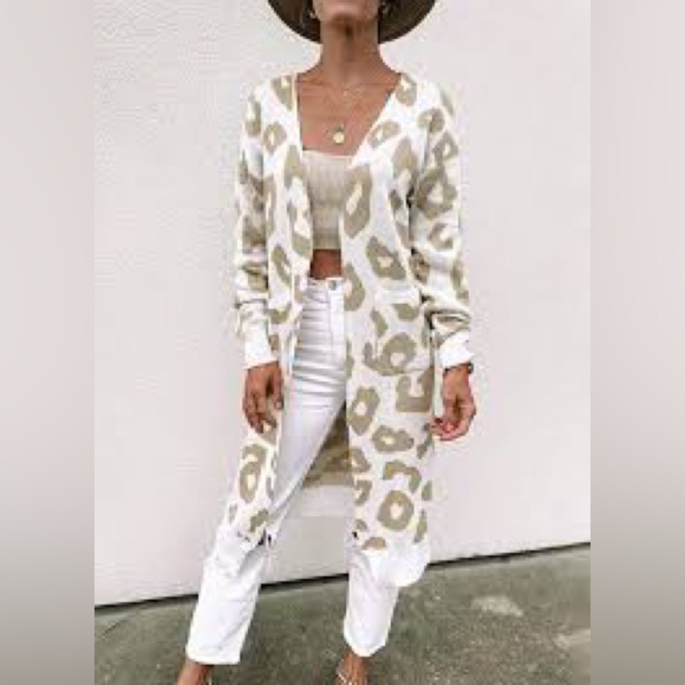 BTFBM Long Sleeve Open Front Leopard Long Cardigan Maxi Sweater Outwear Pockets